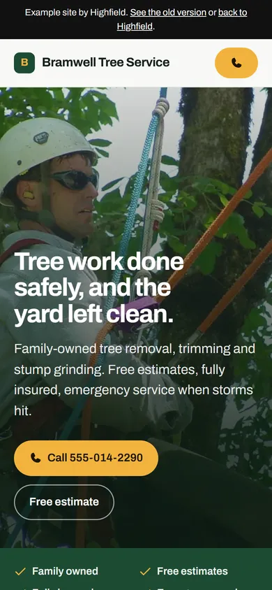 The new site on a phone: large headline, photo and call button