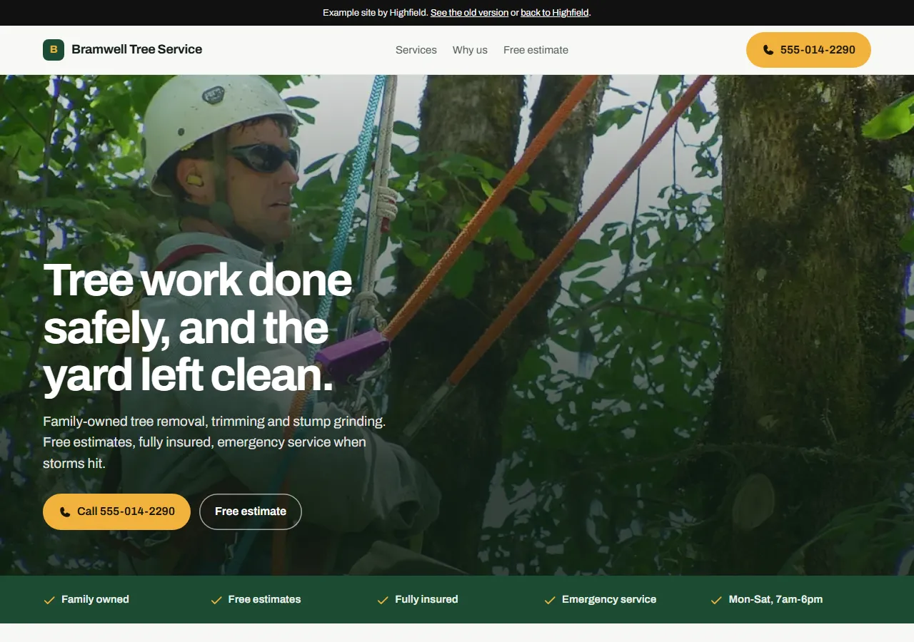 The rebuilt Bramwell Tree Service website: a large photo, clear headline and a one-tap call button