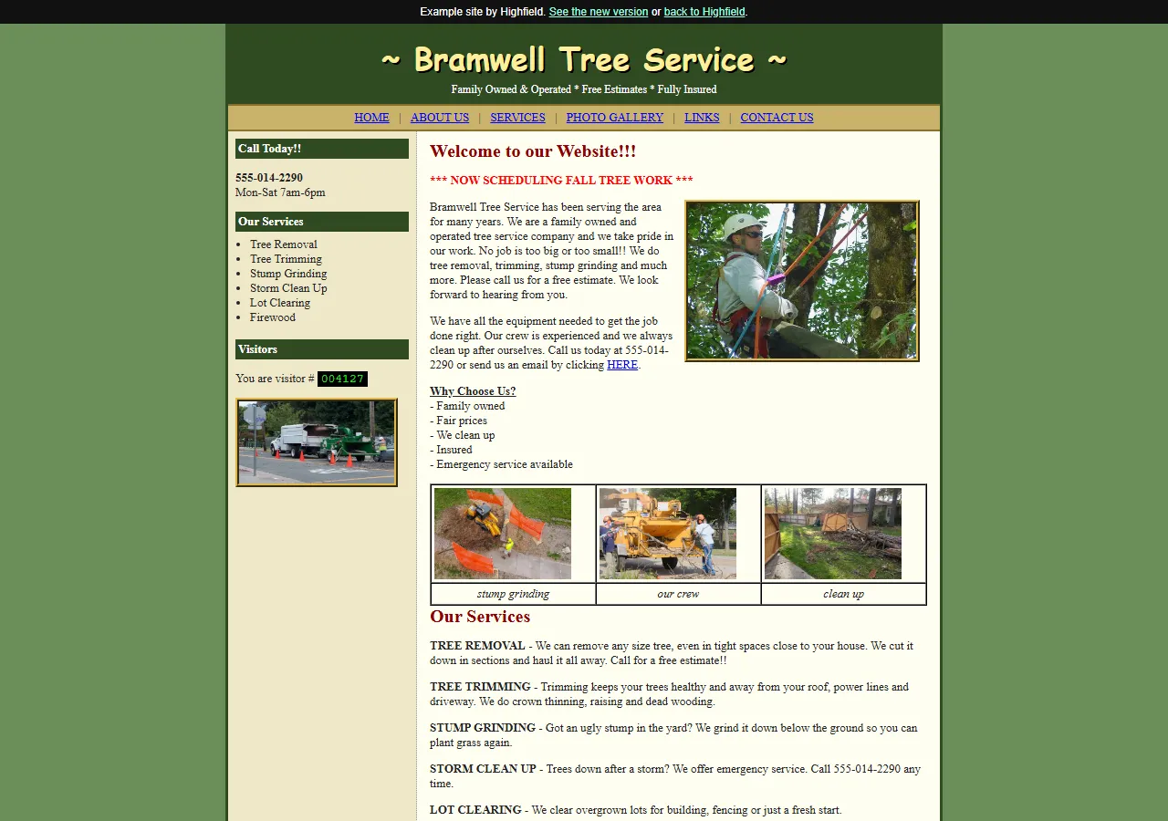 The old Bramwell Tree Service website: a dated layout with small text and a visitor counter